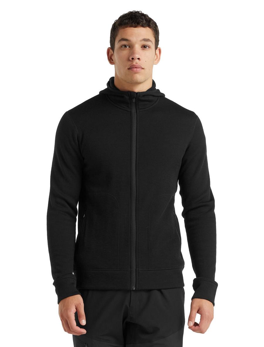 Black Men\'s Icebreaker RealFleece® Merino Elemental Long Sleeve Zip Hood Jackets | USA 1241VRWD